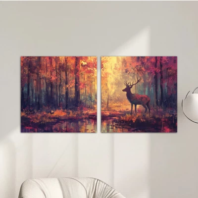 Dwuczęściowy obraz myśliwski na pleksi "Jeleń w jesiennym lesie"