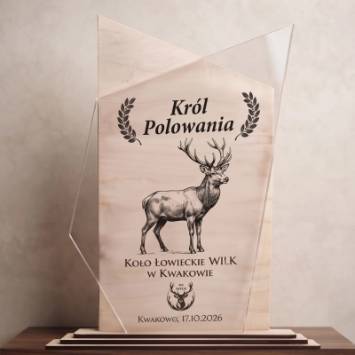 Statuetka Król Polowania – szkic jelenia na drewnie i pleksi