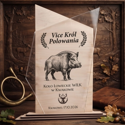 Statuetka Król Polowania – szkic jelenia na drewnie i pleksi