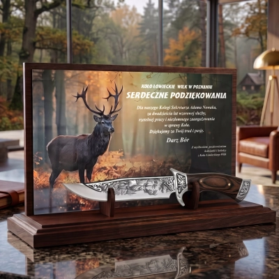 Podziękowanie myśliwskie z nożem — komplet statuetka i nóż z grafiką jelenia