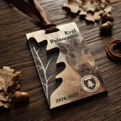 Medal Król Polowania z liściem nadruk jelenia - komplet
