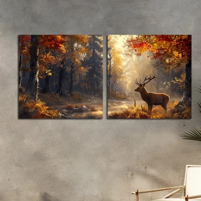 Dwuczęściowy obraz myśliwski na pleksi "Jeleń nad rzeką: jesienna symfonia"