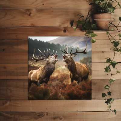 Obraz myśliwski na pleksi "Rykowisko: dwa ryczące jelenie"